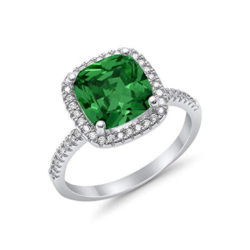 Halo Engagement Ring Accent Cushion Simulated Green Emerald CZ 925 Sterling Silver